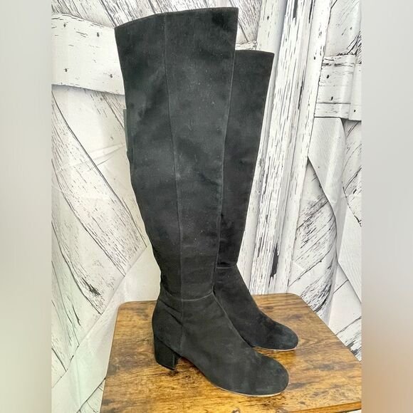 HALOGEN Scarlett Over The Knee Boots Black Suede Block Heel Back Slit 9.5 - Picture 1 of 8
